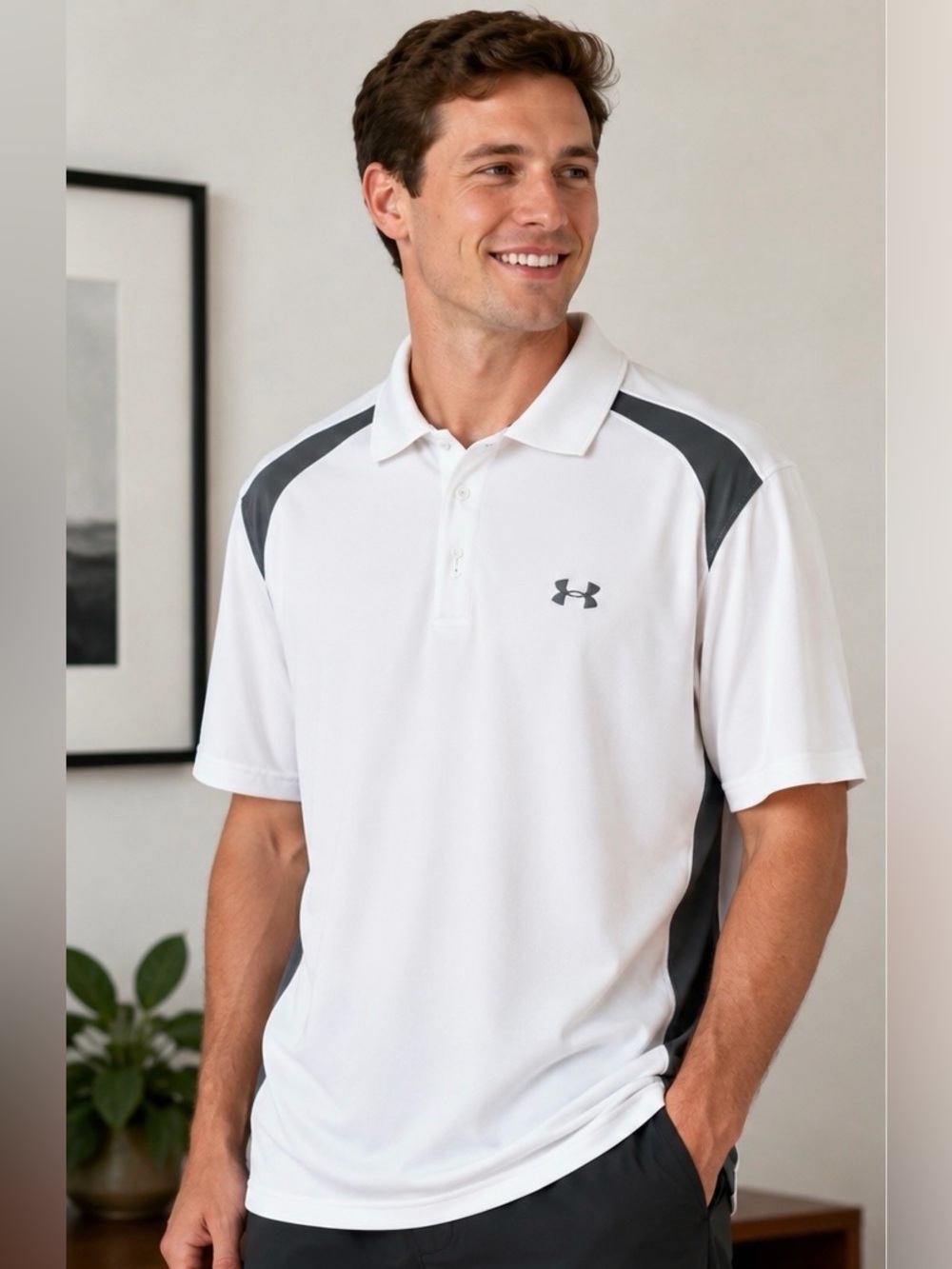 Under Armour HeatGear Loose Polo Shirt White Gray Men’s Large